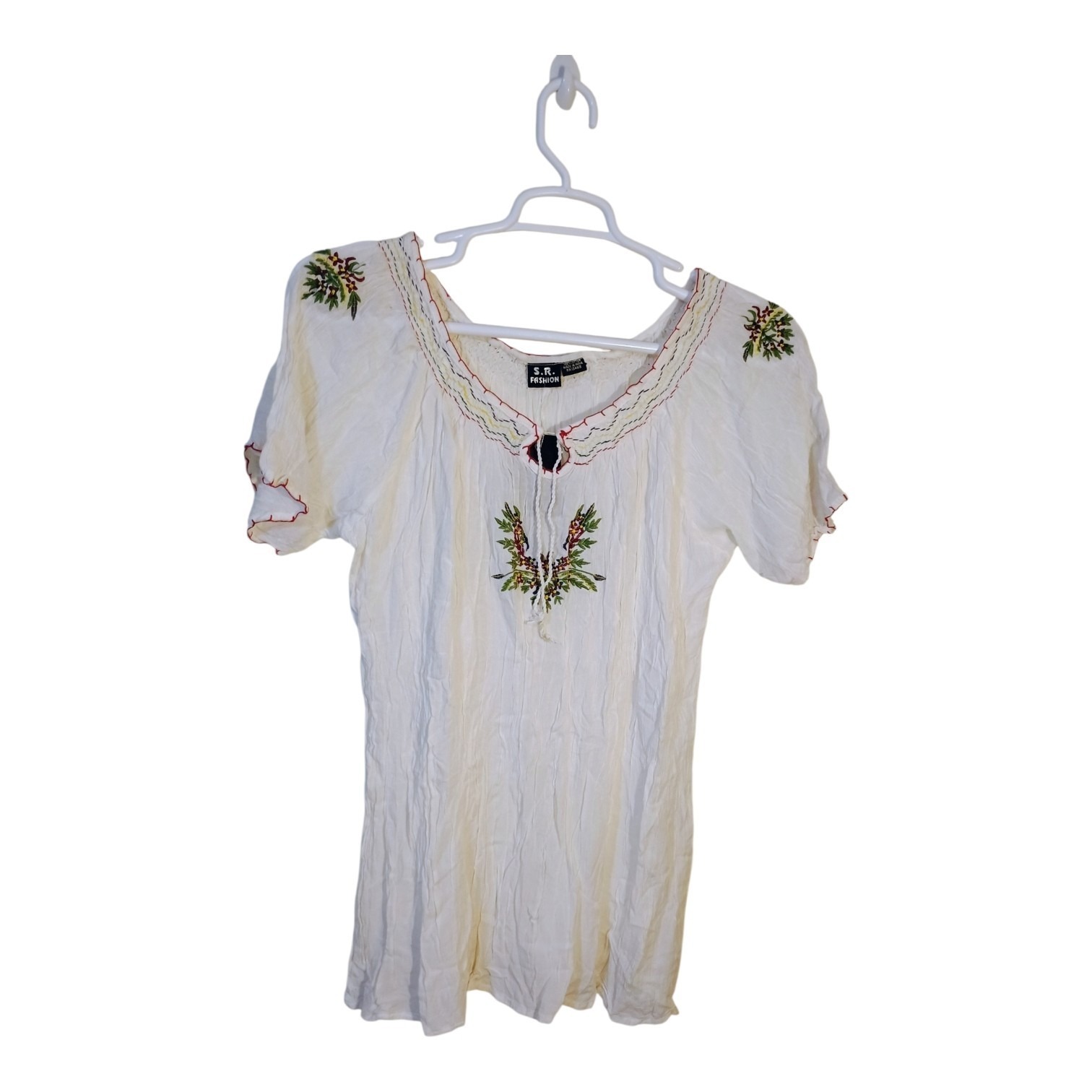 S.R. Fashion Womens Free Size (L) Cream Embroidered Boho Peasant Cotton Top New